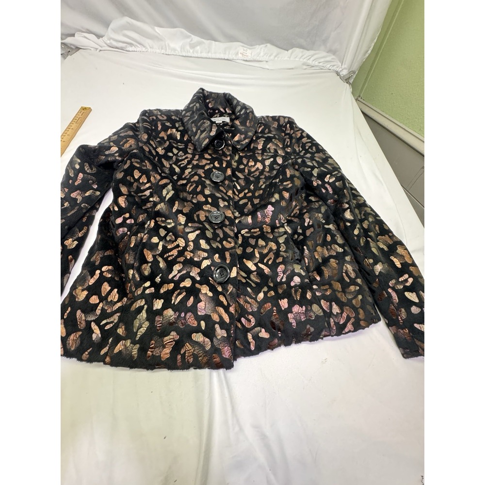 Birch Hill Black Faux Fir Shiny Copper Leopard Print Jacket M Velvet Soft Button